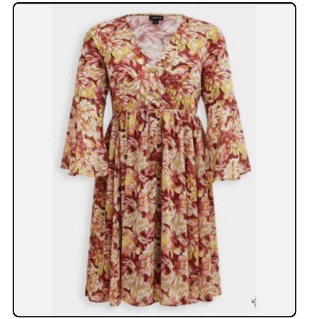 Torrid Studio Dress Women Plus Sz 5 Brown Knit Floral Surplice Trumpet Sleeve